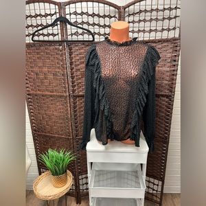 Belle Sky Black Star Sheer Mesh Ruffle See Through Blouse/Dressy Shirt